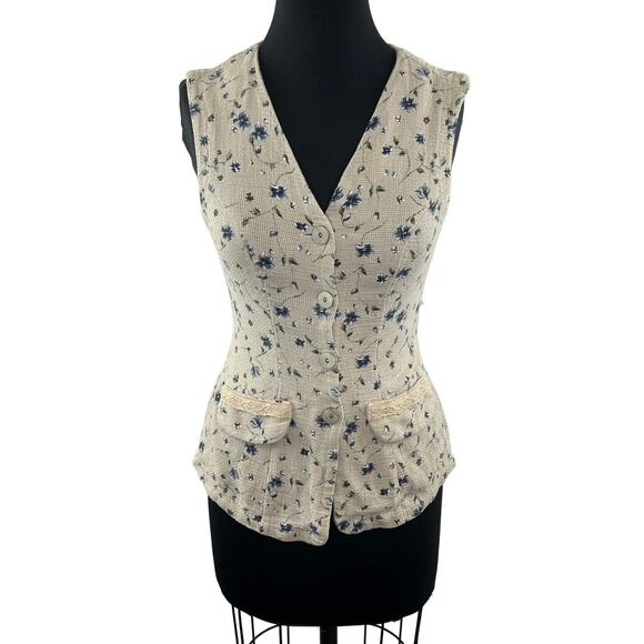 KAZAK Beige Linen Cottage Core Floral Print Button Up Vest Pocket Top 8 RARE - Picture 1 of 10